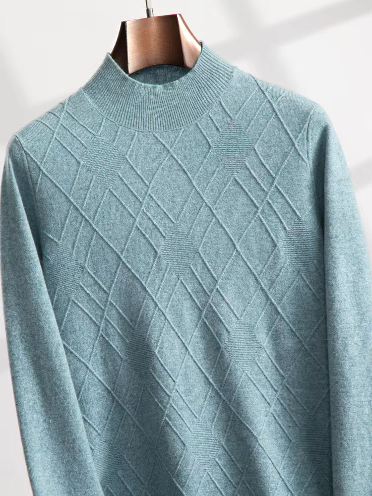 Men’s diamond-stitch cashmere sweater in Tropical Sea color, shown draped to highlight tone and construction — From Borcelleclothes.
