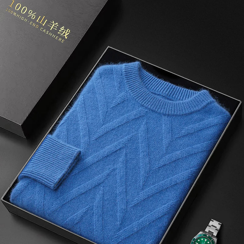 Men's Dimensional Abstract Sprouts Cashmere Sweater in Dusky Blue, folded in an opened gift box, showcasing its tranquil hue and refined craftsmanship. From Borcelleclothes.