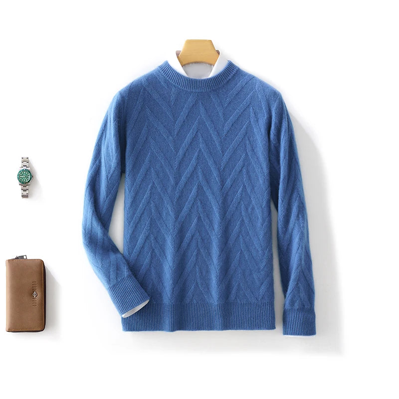 Men's Dimensional Abstract Sprouts Cashmere Sweater in Dusky Blue, featuring a tender pearl stitch base, dimensional abstract sprouts, and ribbed crew neck, cuffs, and hem for a refined, elegant look. From Borcelleclothes.