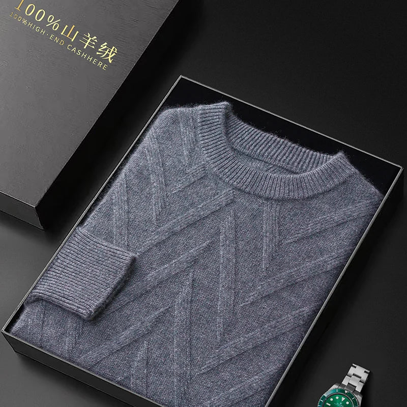 Men's Dimensional Abstract Sprouts Cashmere Sweater in Mid Grey, neatly folded in an opened gift box, highlighting its timeless neutral shade and premium quality. From Borcelleclothes.