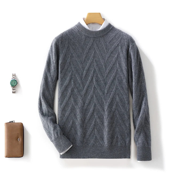 Men's Dimensional Abstract Sprouts Cashmere Sweater in Mid Grey, featuring a tender pearl stitch base, dimensional abstract sprouts, and ribbed crew neck, cuffs, and hem for a refined, elegant look. From Borcelleclothes.