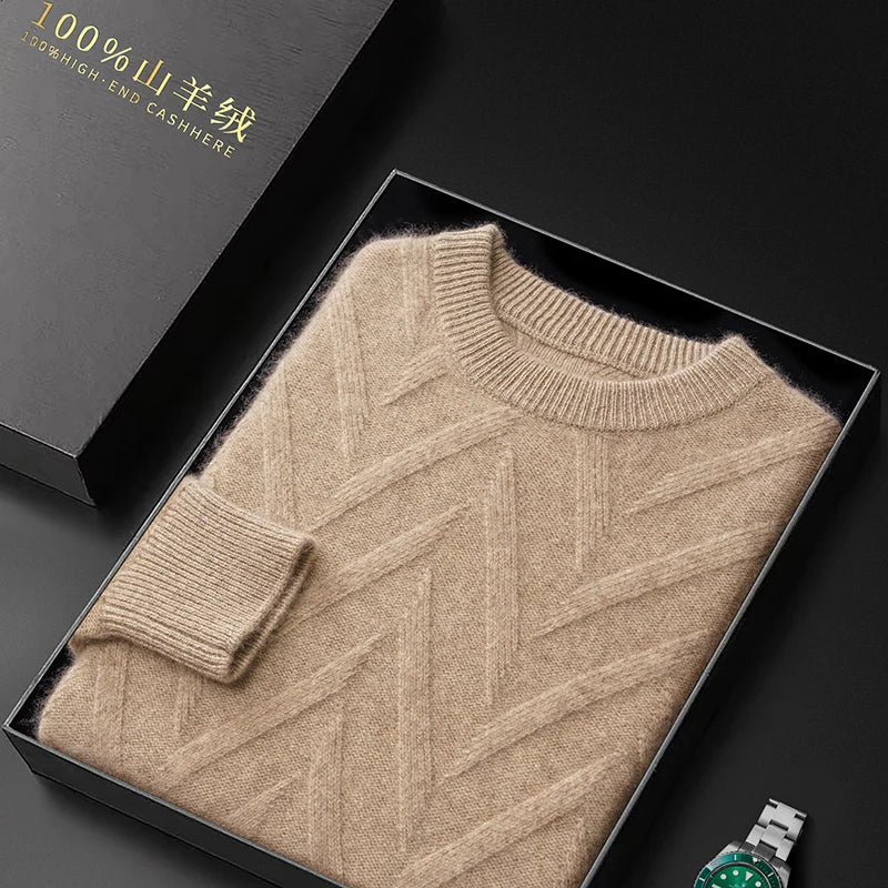 Men's Dimensional Abstract Sprouts Cashmere Sweater in Sandrift, beautifully folded in an opened gift box, showcasing its luxurious texture and warm tone. From Borcelleclothes.