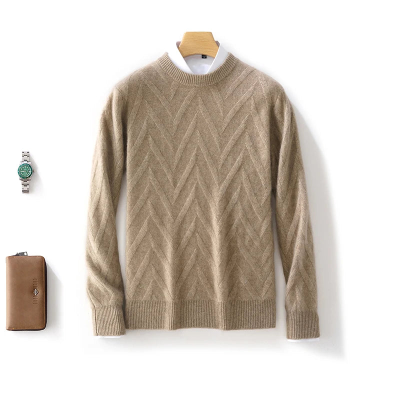 Men's Dimensional Abstract Sprouts Cashmere Sweater in Sandrift, featuring a tender pearl stitch base, dimensional abstract sprouts, and ribbed crew neck, cuffs, and hem for a refined, elegant look. From Borcelleclothes.