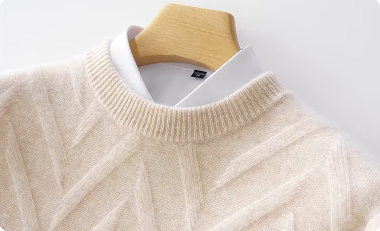 The ribbed crew neck on the Men's Dimensional Abstract Sprouts Wool Sweater in Almond, showcasing its detailed craftsmanship. From Borcelleclothes.