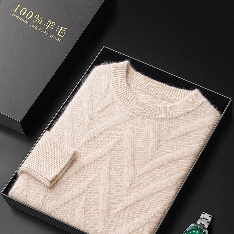 Men's Dimensional Abstract Sprouts Wool Sweater in Almond, neatly folded in an opened gift box, emphasizing its elegance and suitability for gifting. From Borcelleclothes.