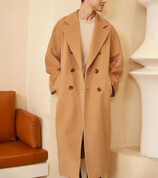 Men’s Double-Breasted Belted Cashmere Coat in Whiskey, crafted from a luxurious blend of 70% cashmere and 30% high-count wool. Featuring a structured yet fluid silhouette, six-button front, adjustable belt, and sculpted sleeve construction. From Borcelleclothes.