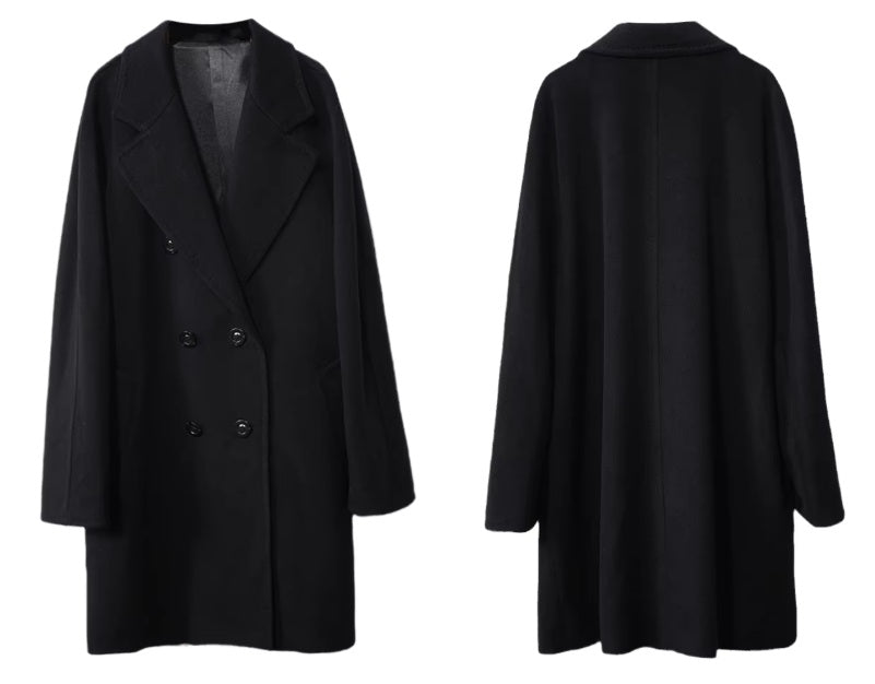 Front and back view of the Men’s Double-Breasted Cashmere Coat in Black Pearl, highlighting its seamless tailoring, structured lapels, and flowing mid-length cut. From Borcelleclothes.