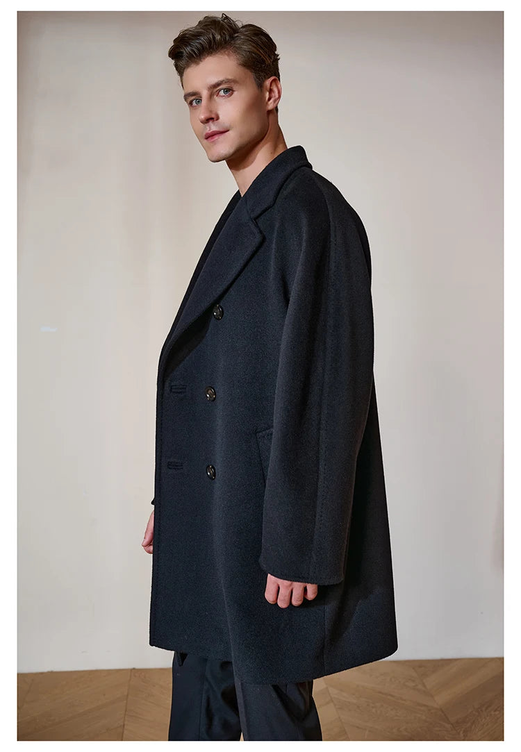 Side view of the Black Pearl double-breasted coat, emphasizing the structured silhouette and luxurious drape. From Borcelleclothes.