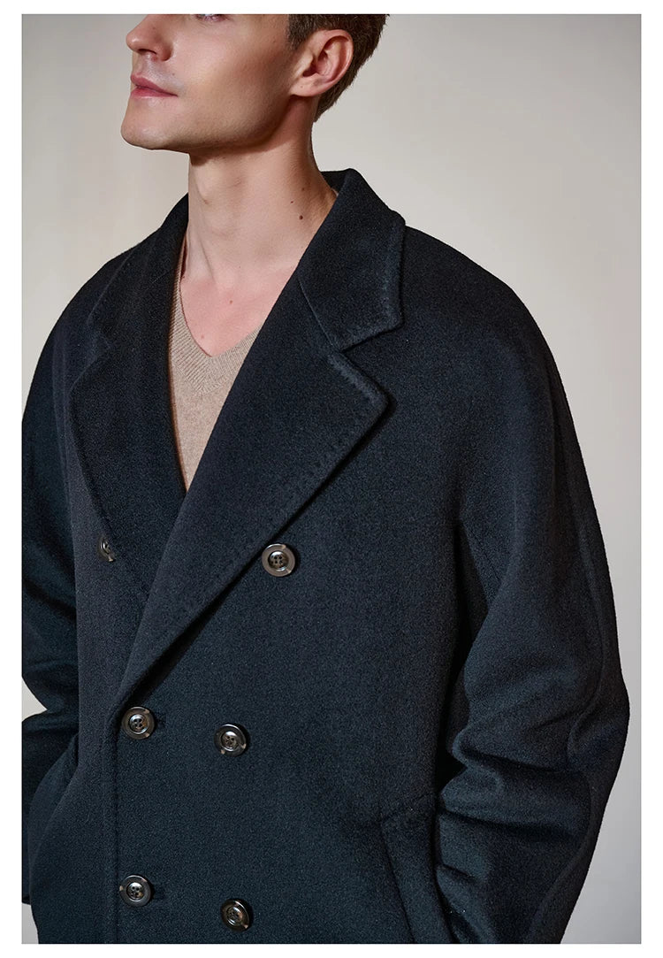 Side view focused on the upper part of the Black Pearl cashmere coat, capturing the collar, lapel, and shoulder detail. From Borcelleclothes.