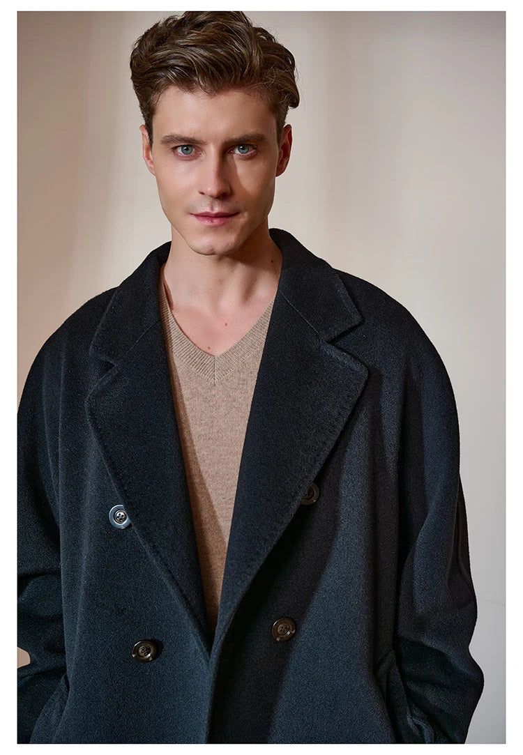 Upper part of the Men’s Double-Breasted Cashmere Coat in Black Pearl, showcasing the refined notch lapels, smooth fabric texture, and modern silhouette. From Borcelleclothes.