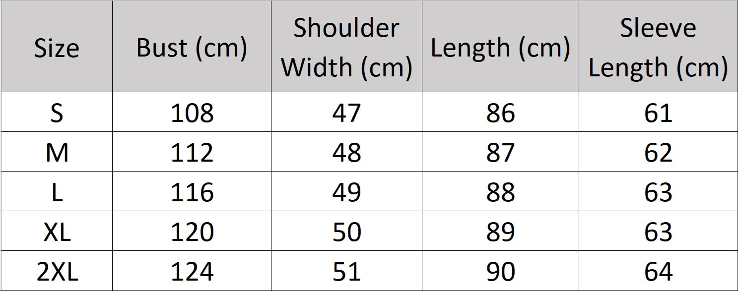 Men’s size chart for a Double-Breasted Cashmere Coat, crafted from a luxurious blend of cashmere and high-count wool. Featuring a fluid silhouette, integrated sleeve construction, and a refined six-button front closure. From Borcelleclothes.