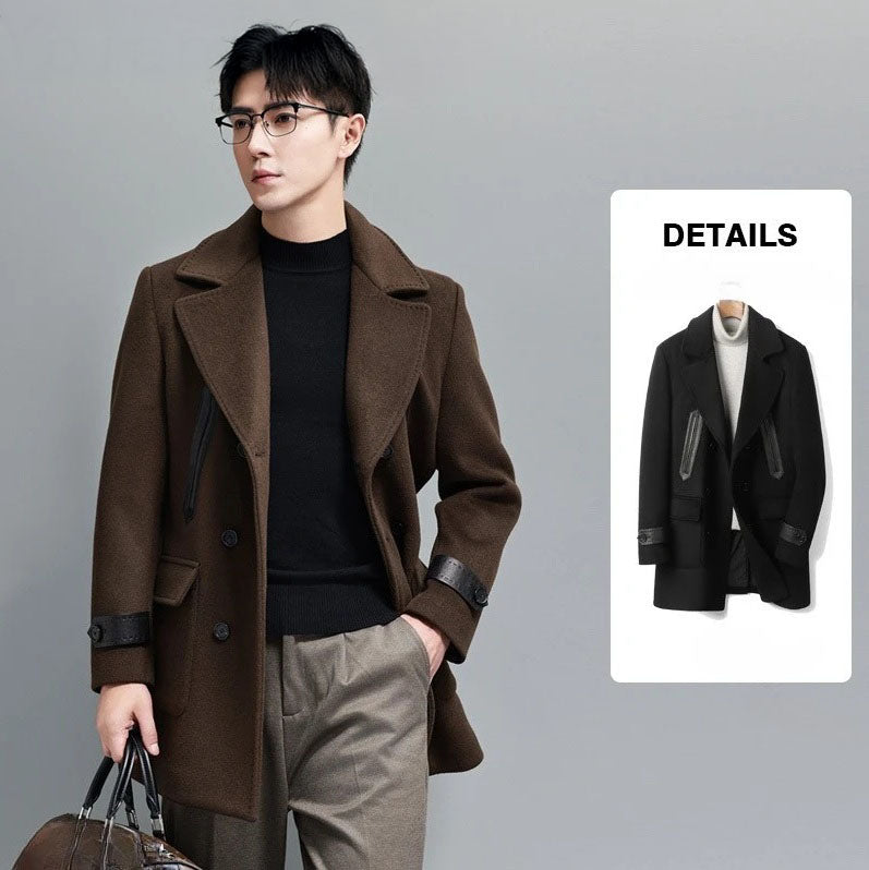 Collage showing a model in Dark Rum coat with bag and Onyx version of the coat. From Borcelleclothes.