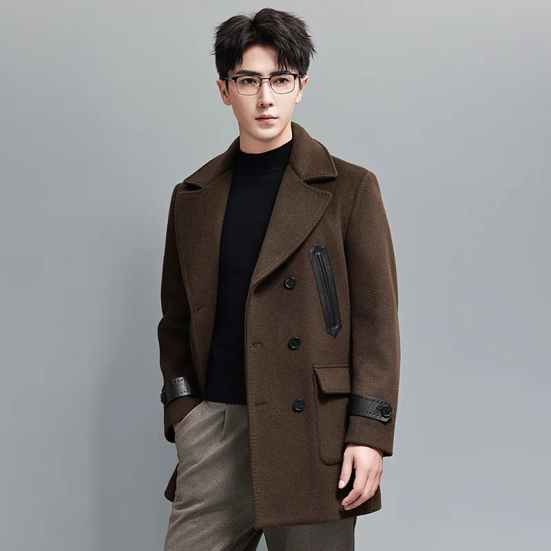 Men’s double-breasted wool-cashmere coat in Dark Rum, with leather accents and inspired by the classic polo coat. From Borcelleclothes.