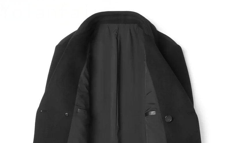 Upper front view of Onyx wool-cashmere coat with sides unfolded to show lining. From Borcelleclothes.