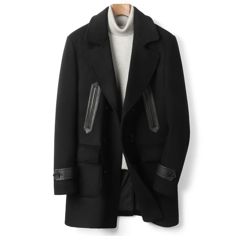 Men’s double-breasted wool-cashmere coat in Onyx, with leather accents and inspired by the classic polo coat. From Borcelleclothes.