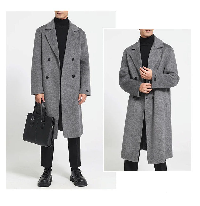 Concord wool coat, model holding black bag and touching cuff, collage detail. From Borcelleclothes.