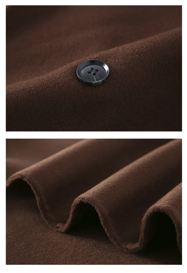 Espresso wool coat button and lower front hem detail, collage view. From Borcelleclothes.