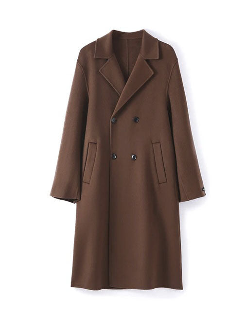 Espresso double-faced wool coat, front draping detail showing fluid yet structured fall. From Borcelleclothes.