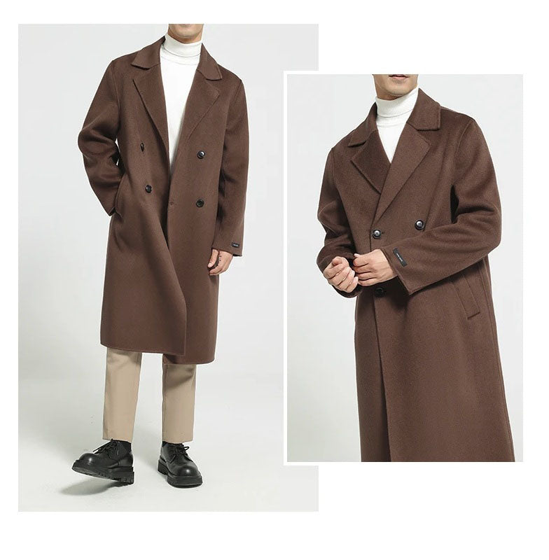 Espresso wool coat, model’s hand in pocket and touching cuff, collage detail. From Borcelleclothes.