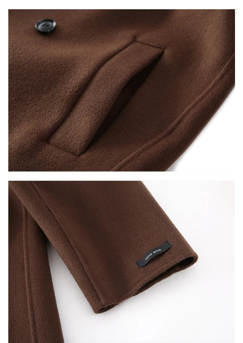 Espresso wool coat with side welt pocket and sleeve cuff detail, collage view. From Borcelleclothes.