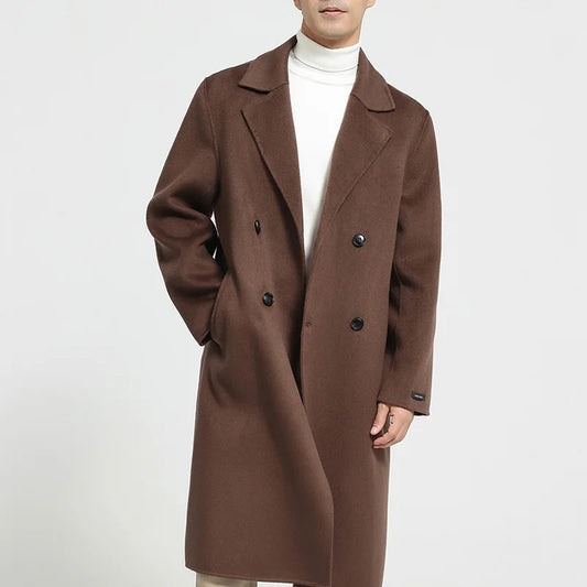 Men’s double-faced wool coat in Espresso with notch lapels, double-breasted front, and hand-finished seams—crafted for quiet strength and lasting warmth. From Borcelleclothes.