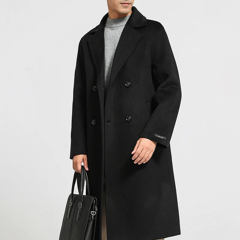 Men’s double-faced wool coat in Onyx with notch lapels, double-breasted front, and hand-finished seams—crafted for quiet strength and lasting warmth. From Borcelleclothes.