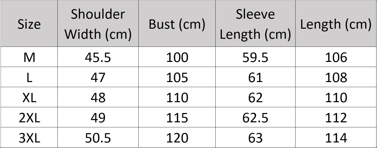 Men’s size chart for a double-faced wool coat with notch lapels, double-breasted front, and hand-finished seams—crafted for quiet strength and lasting warmth. From Borcelleclothes.