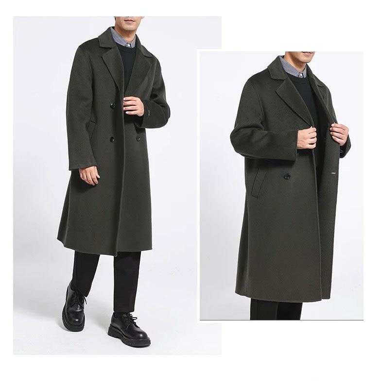 Tuatara wool coat, model in motion holding lapels, collage view. From Borcelleclothes.