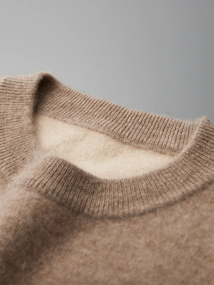 Crew neck of men’s double-knit cashmere sweater in Beigewood, slightly folded to reveal thickness — From Borcelleclothes.