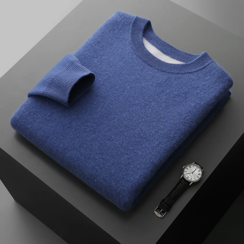 Men’s double-knit cashmere sweater in Dusky Blue with a lighter contrast inner layer; two layers seamlessly knitted together in tonal harmony — From Borcelleclothes.
