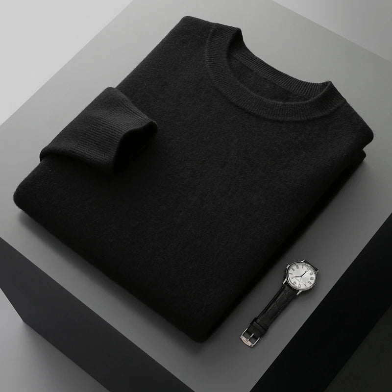 Men’s double-knit cashmere sweater in Onyx, with a lighter contrast inner layer; two layers seamlessly knitted together in tonal harmony — From Borcelleclothes.