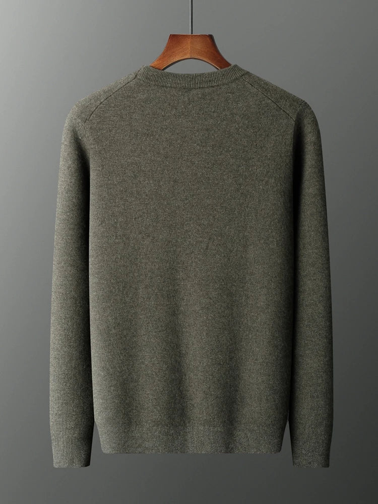 Back draping of the men’s double-knit cashmere sweater in Serpentine color — From Borcelleclothes.