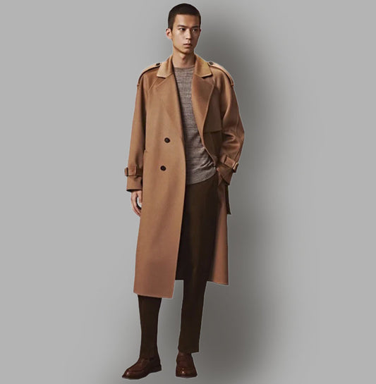 Men’s Double-Sided Cashmere Trench in French Beige, crafted from 100% premium cashmere. Featuring a loose-fitting silhouette, fluid raglan sleeves, a double-breasted design, and a cashmere belt with a rectangular buckle for a refined yet effortless look. From Borcelleclothes.