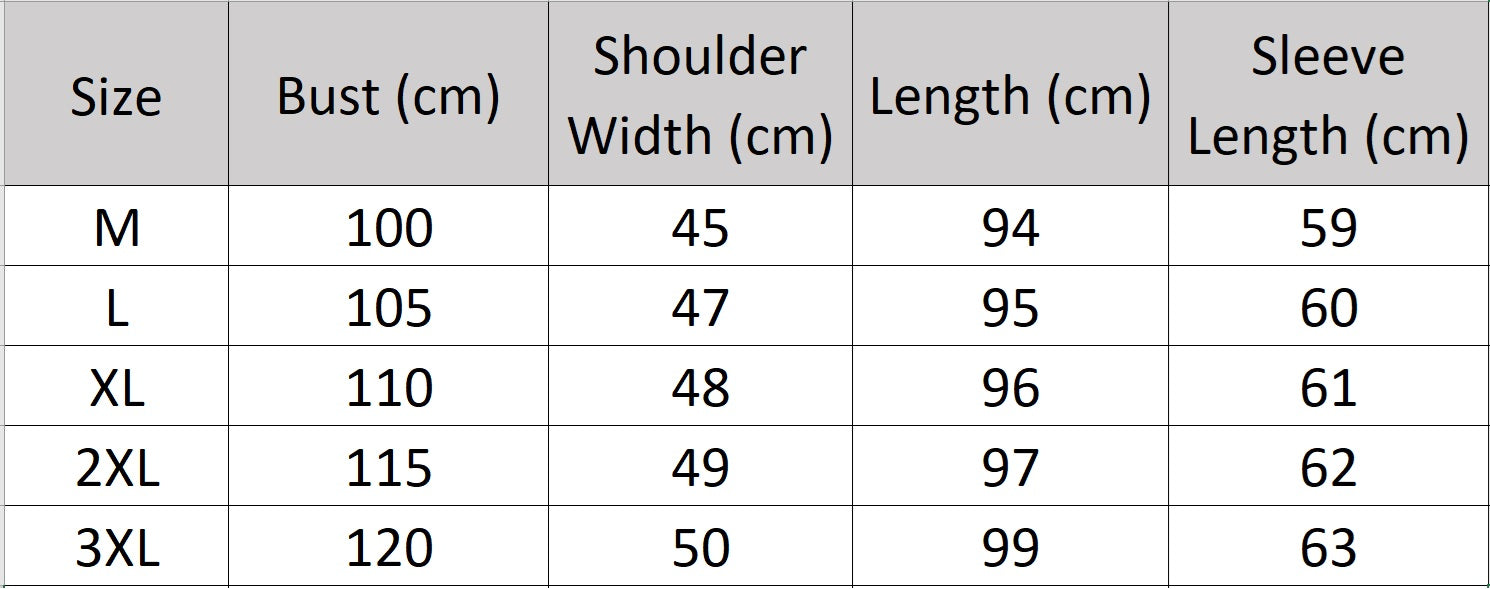 Men’s size-chart for a Double-Sided Wool Coat—crafted from 100% wool with a structured, double-breasted silhouette. Featuring six buttons, notch lapels, patch pockets, and a clean, unlined interior for lightweight warmth and everyday confidence. From Borcelleclothes.