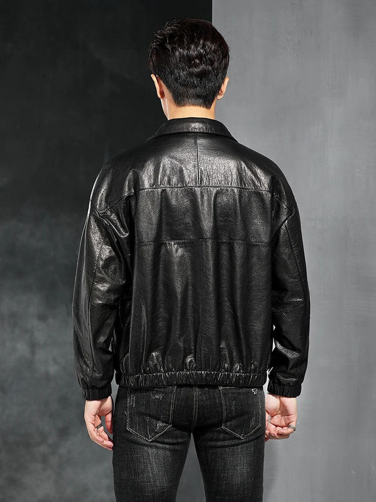 Men’s Dune cowhide leather jacket — back view; two-piece yoke and ribbed hem. From Borcelleclothes.