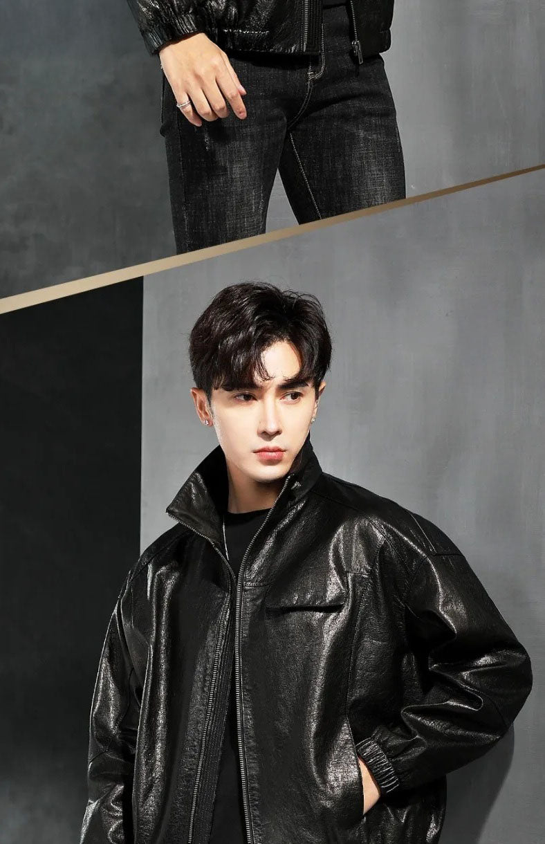 Men’s Dune cowhide leather jacket — collage of bottom and upper parts; ribbed hem and chest details. From Borcelleclothes.