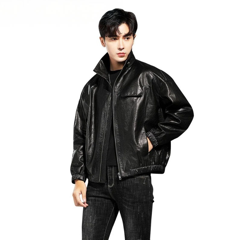Men’s Dune cowhide leather jacket — model with hand in waist pocket; clean welt finish. From Borcelleclothes.