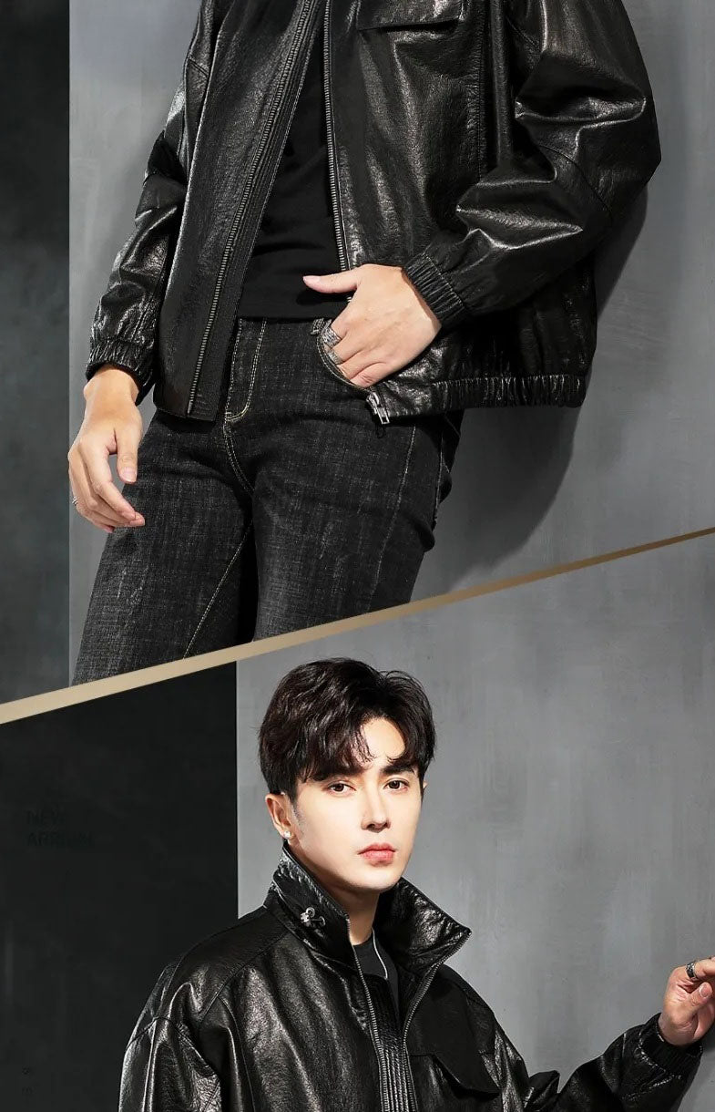 Men’s Dune cowhide leather jacket — collage of middle and upper parts; yoke and flap pocket visible. From Borcelleclothes.