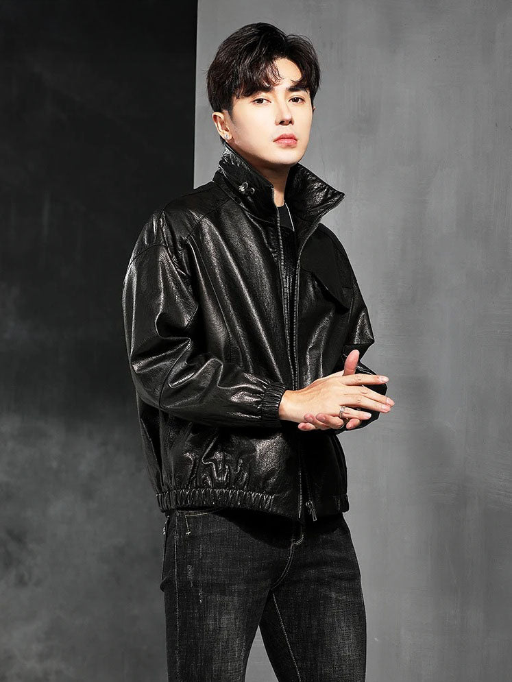 Men’s Dune cowhide leather jacket — model touching hands; dropped shoulder and relaxed fit. From Borcelleclothes.