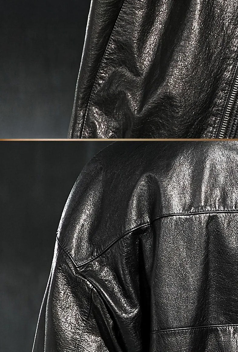 Men’s Dune cowhide leather jacket — collage showing leather texture and shoulder. From Borcelleclothes.