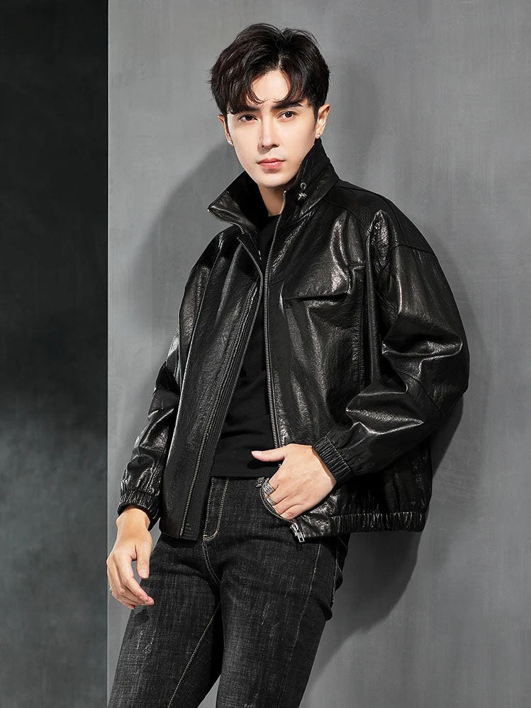 Men’s Dune cowhide leather jacket with zip-through stand collar, flap chest pocket, single-welt waist pockets, and ribbed cuffs and hem. From Borcelleclothes.