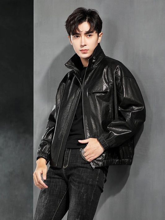 Men’s Dune cowhide leather jacket with zip-through stand collar, flap chest pocket, single-welt waist pockets, and ribbed cuffs and hem. From Borcelleclothes.