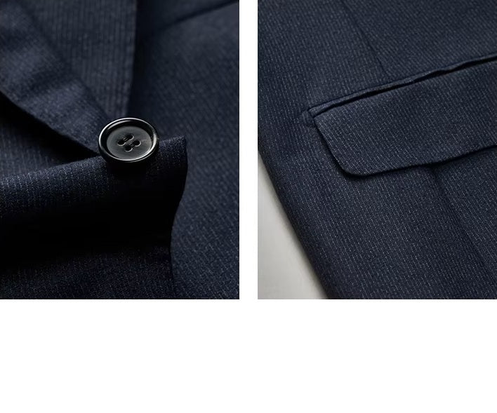 Collage showcasing the button and flap pocket details on the blazer of the Borcelleclothes Men's Ebony Clay 3-Piece Suit, highlighting the subtle elegance of the design.