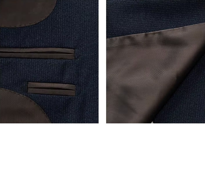 Collage showing the interior of the Borcelleclothes Men's Ebony Clay 3-Piece Suit blazer, featuring two welt pockets and the contrasting Woody Brown lining.