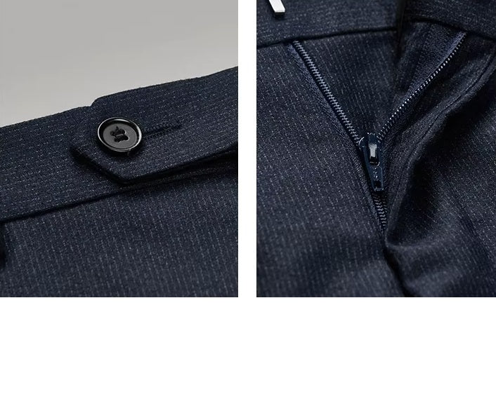 Collage featuring the belt closure and zipper fly details on the pants of the Borcelleclothes Men's Ebony Clay 3-Piece Suit, combining functionality with tailored style.