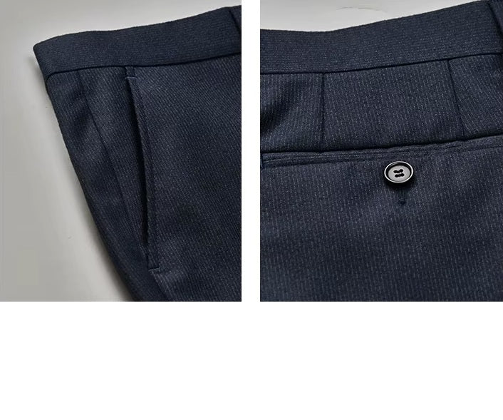 Collage showing the slash pocket and back double-welt pocket details on the pants of the Borcelleclothes Men's Ebony Clay 3-Piece Suit, balancing practicality with clean design.