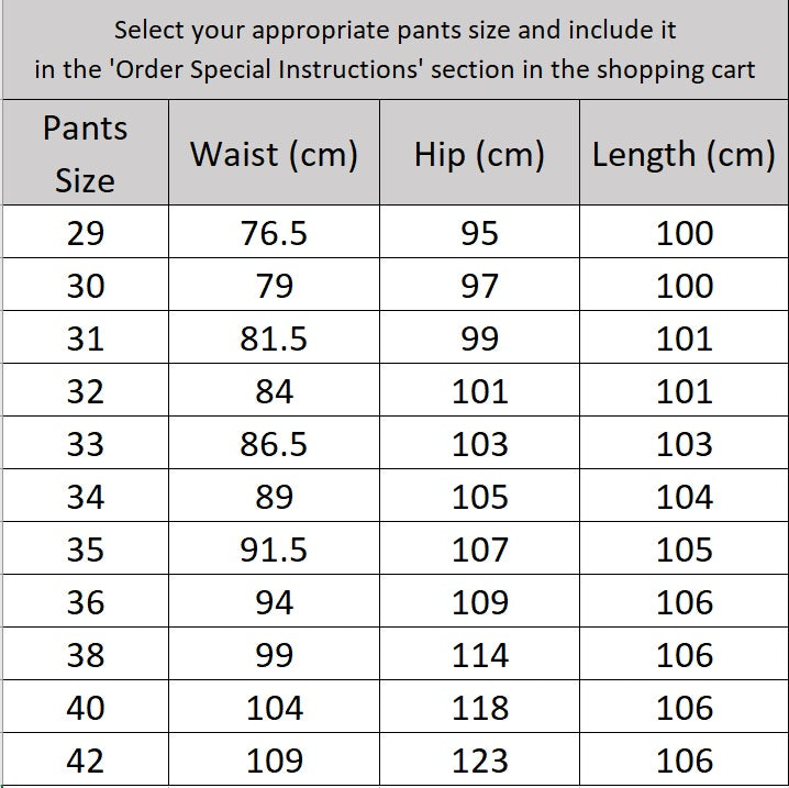 Size chart for the pants of the Borcelleclothes Men's Ebony Clay 3-Piece Suit, offering precise sizing for the straight-leg tailored design.