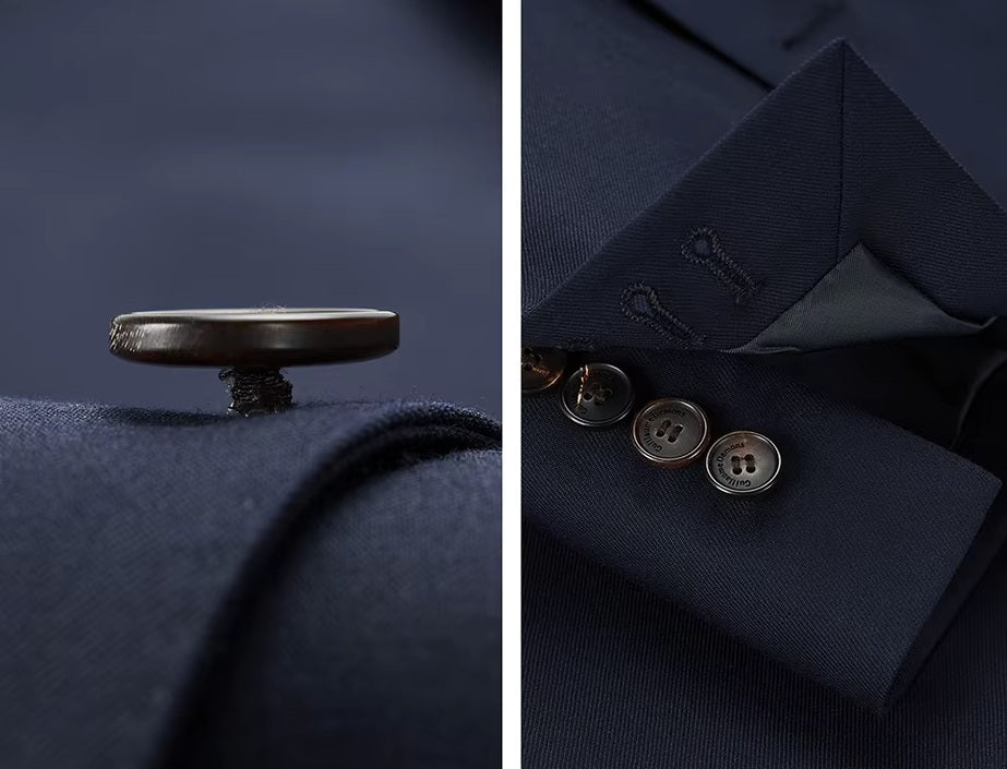 Collage showcasing the button shank and sleeve placket on the blazer of the Borcelleclothes Men's Ebony Clay Business Suit, highlighting the refined craftsmanship.