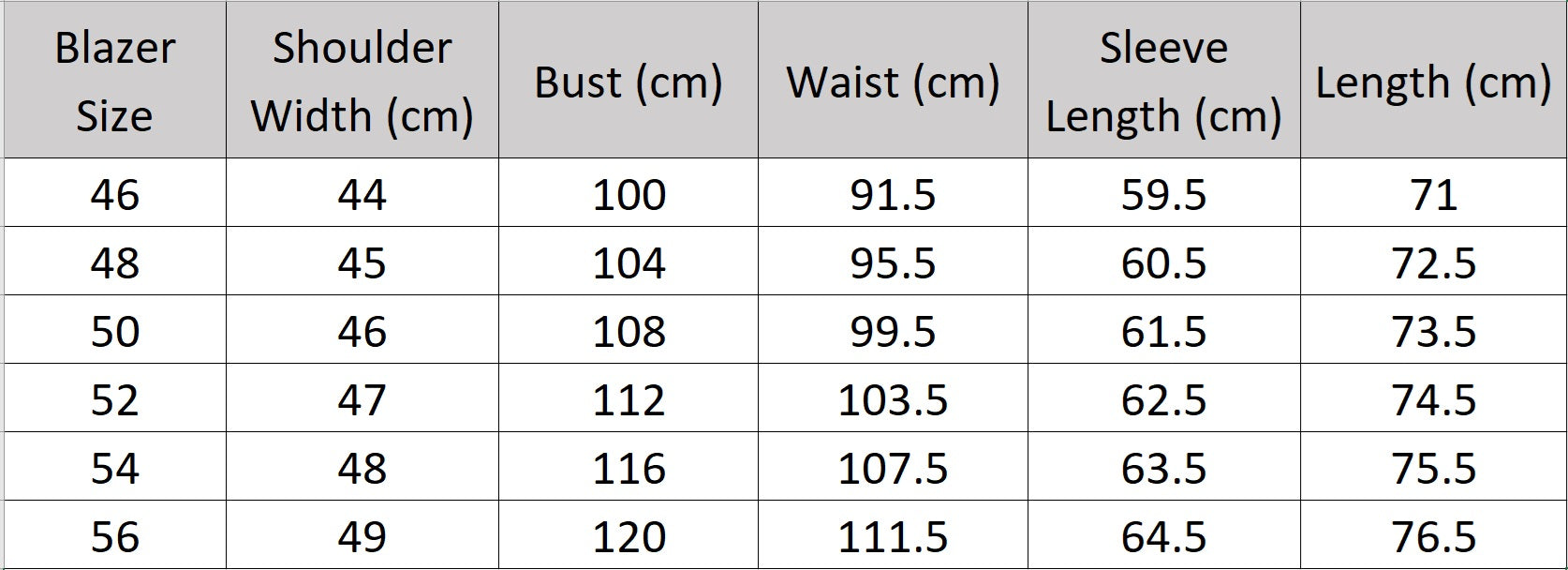 Size chart for the blazer of the Borcelleclothes Men's Ebony Clay Business Suit, providing precise measurements for a tailored and professional fit.