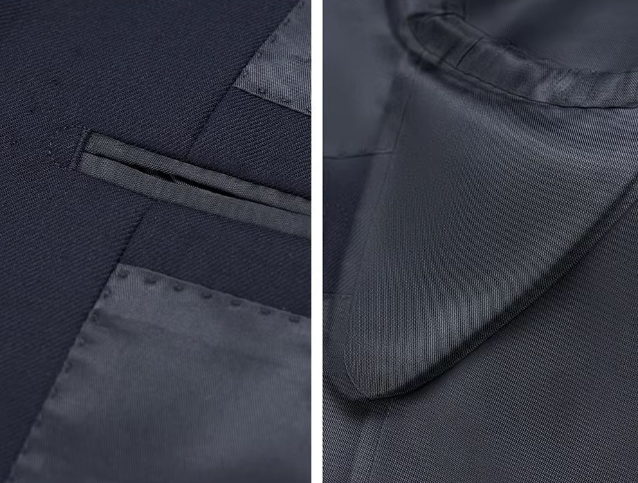 Collage showing the interior of the blazer from the Borcelleclothes Men's Ebony Clay Business Suit, featuring a double-welt pocket and a functional lining pocket.